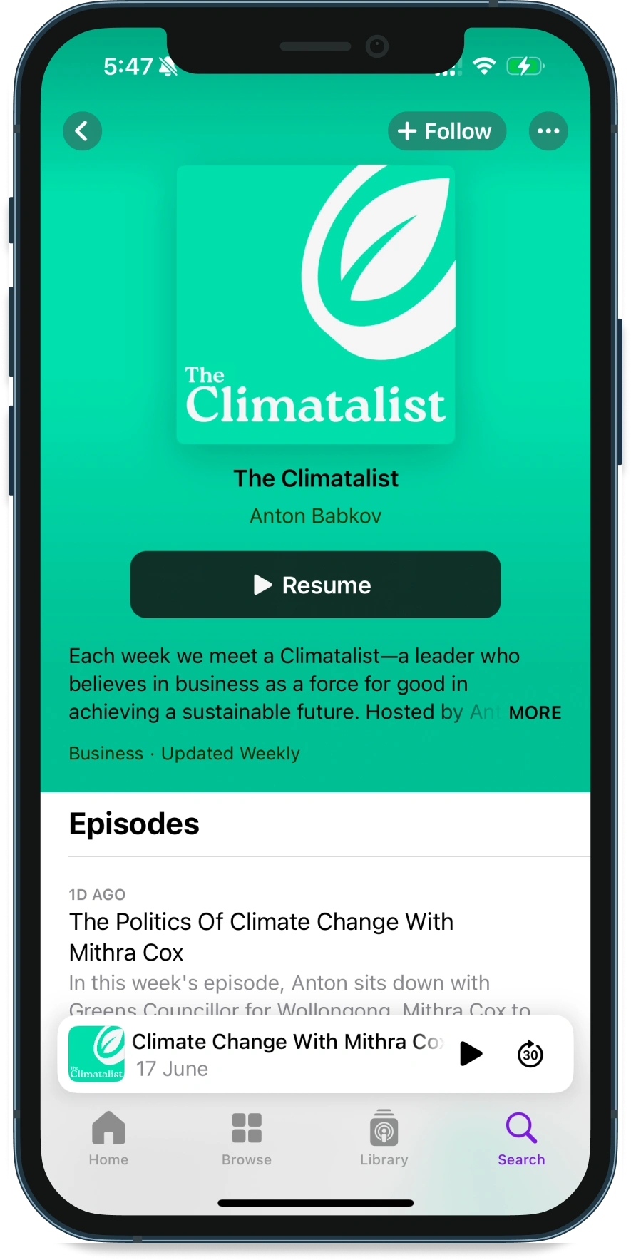 Climatalist podcast app on a smartphone